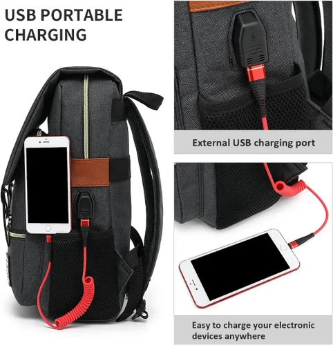 Miniatura 3 de Mancio Mochila vintage delgada para laptop para mujeres y hombres, bolsa universitaria de negocios resistente a desgarros con puerto de carga USB