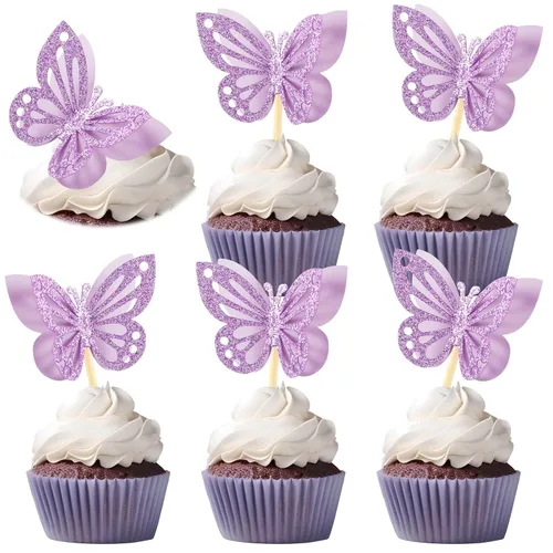 Miniatura 8 de Chinco 48 piezas de decoración de pastel de mariposa, decoración de cupcakes de doble capa ensamblada, decoración de pastel de 3D con purpurina