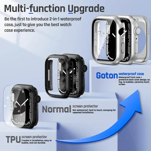 Miniatura 3 de Goton Funda impermeable 2 en 1 para Apple Watch Series 9, 8, 7, protector de pantalla de 1.772 pulgadas, cubierta protectora de vidrio 360, Plateado