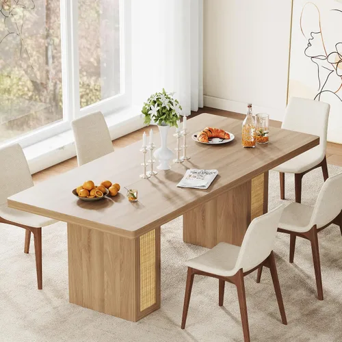 Miniatura 9 de LIKIMIO Mesa de comedor de granja de 78.7 pulgadas para 6-8 personas, parte superior de madera extra gruesa con 2 cajones de almacenamiento Blanco