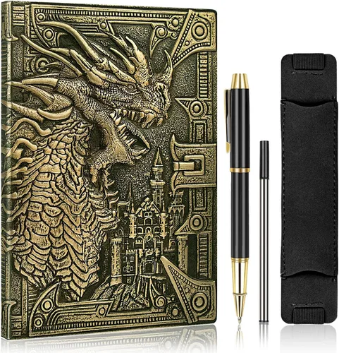 Miniatura 9 de DND - Cuaderno de Dungeon and Dragon de cuero en relieve 3D, diario de dragón con bolígrafo negro y funda para bolígrafo, diario de viaje vintage