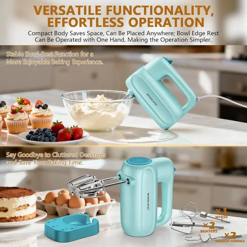 Miniatura 4 de BAIGELONG Batidora eléctrica de mano, mezclador de cocina de 5 velocidades con 5 accesorios de acero inoxidable 304 + base de almacenamiento, Azul