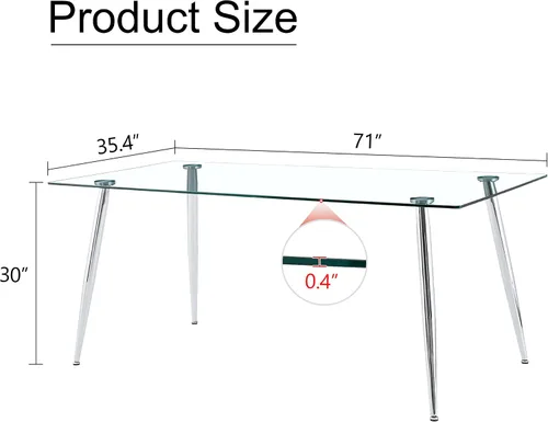 Miniatura 2 de A 71"x35.4" Heat Resistant Clear Tempered Glass Dining Table with Silver Metal Legs