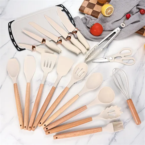 Miniatura 7 de Juego de utensilios de cocina y cuchillos de cocina con bloque de soporte, juego de 19 piezas de corte para cocineros, 11 utensilios de cocina