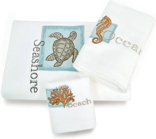LIlianna Starfish and Seashell - Juego de toallas de 3 piezas 100% algodón | 1 toalla de baño, 1 toalla de mano, 1 toalla para la cara | Supersuave,