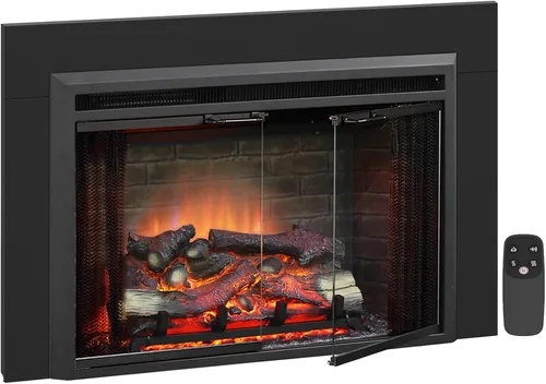 PuraFlame Klaus - Inserto eléctrico para chimenea de 33" x 21", con kit de molduras, sonido de chispas de fuego, tronco de resina, puerta de vidrio
