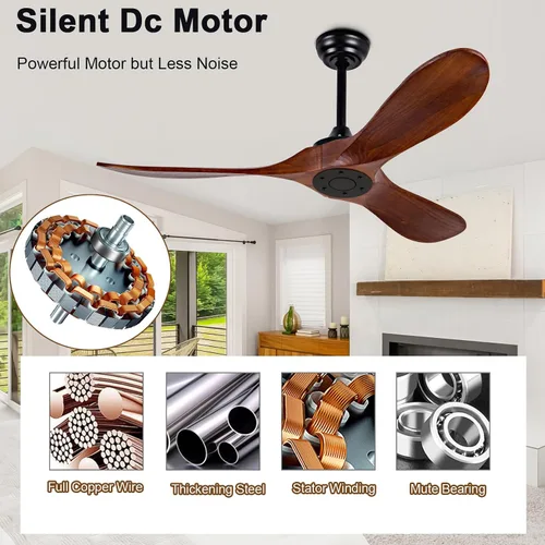 Miniatura 6 de Ventilador de techo de 52 pulgadas sin luz, con control remoto, motor CC reversible, con 3 aspas de madera maciza, para patio, sala de estar, Nogal