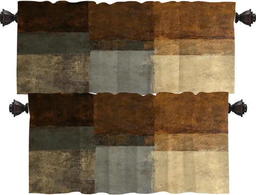 Miniatura 72 de Shrahala Beige and Orange Abstract Art Brushstrokes Blackout Curtain Tiers, Abstract Oil Paint Kitchen Valance Light Blocking Tier Drapes with Rod