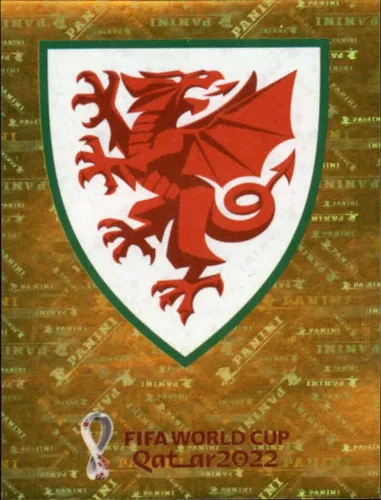 Adhesivo de fútbol de la Copa Mundial de Panini 2022 #WAL2 con el logotipo del equipo, Gales Group B, calcomanía oficial del álbum del WC de Qatar
