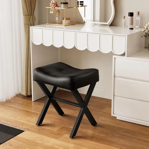 Miniatura 5 de Memobarco Taburete de tocador de cuero de 18 pulgadas, banco de tocador con patas en X de metal, taburete otomano con asiento acolchado grueso