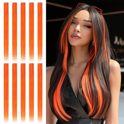 Miniatura 21 de Sofeiyan 10 extensiones de cabello sintético lacio de colores con clip de 22 pulgadas, para mujeres, niños y niñas, para Halloween, Navidad