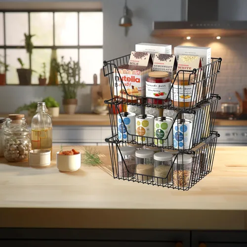 Miniatura 4 de SANNO Cestas apilables de alambre negras apilables para almacenamiento de verduras, despensa, refrigerador y organización de baño, paquete de 3