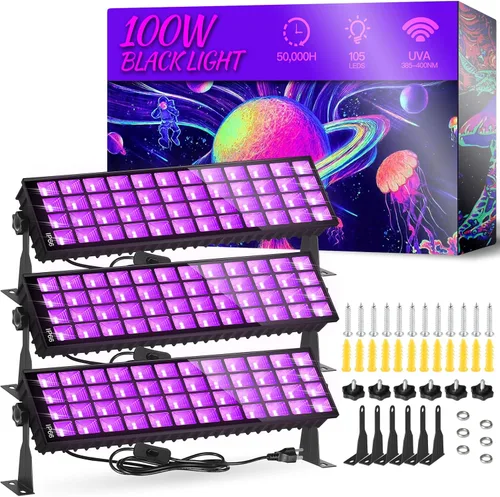 Miniatura 8 de Barra de luz negra de 120 W, luz negra IP66 con enchufe+interruptor+cable de 6 pies, luz negra impermeable con 100 LED, luz negra para fiesta