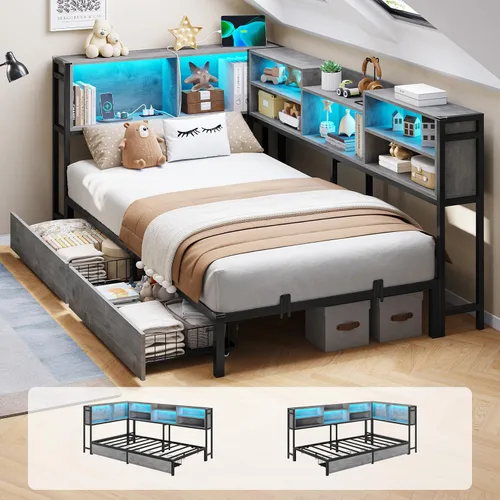 Miniatura 16 de DICTAC Marco de cama esquinero tamaño individual con almacenamiento y luces LED, plataforma de metal con 2 cajones y estación de carga, cama