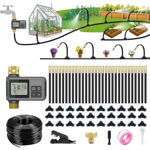 Miniatura 9 de Sistema de riego por goteo de 60 pies con temporizador de agua - Kit de riego automático de jardín con manguera flexible de 360° y boquillas