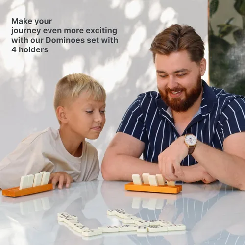 Miniatura 8 de Queensell Juego de dominó para adultos con 4 bastidores de dominó – Juego de dominó doble de 6 con soporte para dominó, juegos de mesa clásicos