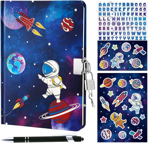 WERNNSAI Diario Luminoso Espacial para Niños, Diario Secreto con Llaves de Cerradura, Cuaderno de Diario con Bolígrafo y Calcomanías, Regalo de