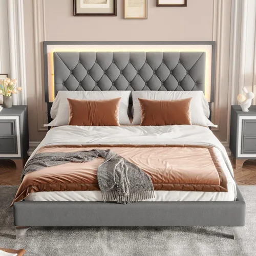 Miniatura 4 de Merax Cama de plataforma tapizada, tamaño Queen, tela de terciopelo LED, marco de cama de madera con luces LED y cabecera copetuda para dormitorio