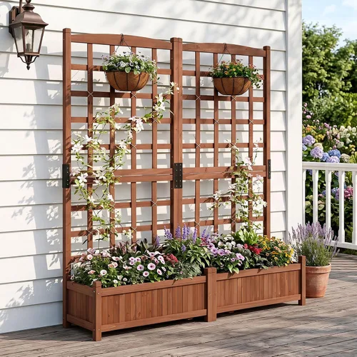 Miniatura 14 de Giantex Cama de jardín elevada con enrejado, contenedor de madera de 60 pulgadas con agujeros de drenaje, enrejado alto para colgar macetas