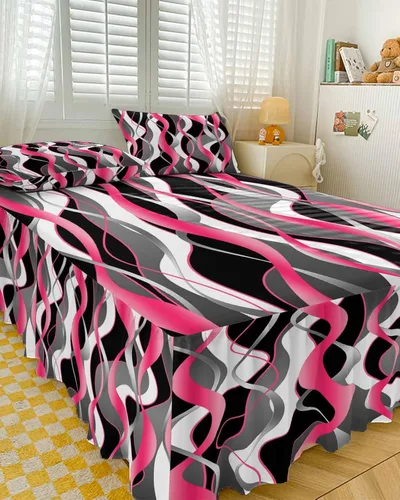 Miniatura 3 de Falda de cama rosa y negra para cama de tamaño Queen, falda de ropa de cama envolvente con volantes de polvo reunido con 2 paquetes de fundas