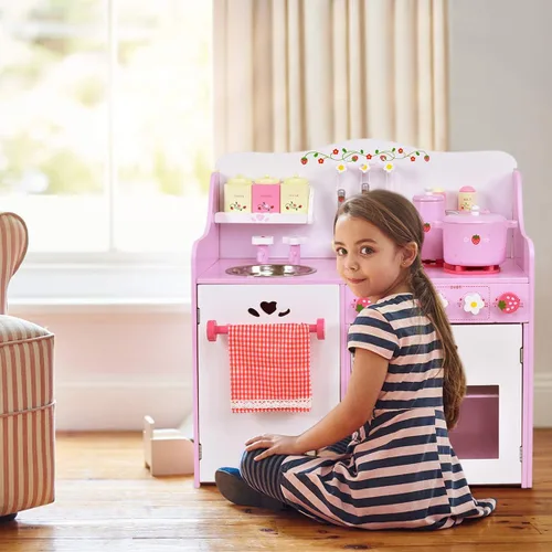 Miniatura 2 de HONEY JOY Juego de Cocina Rosa para Niños, Cocina de Juego de Simulación de Madera para Niños Pequeños, 13 Piezas de Utensilios de Cocina, Grifo