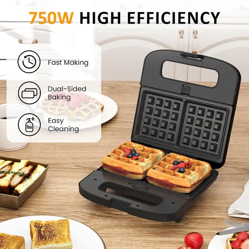 Miniatura 6 de Máquina 3 en 1 para Gofres, Parrilla y Sándwiches, Sandwichera Prensa Panini Plancha de Gofres con Placas Antiadherentes Extraíbles y Luces