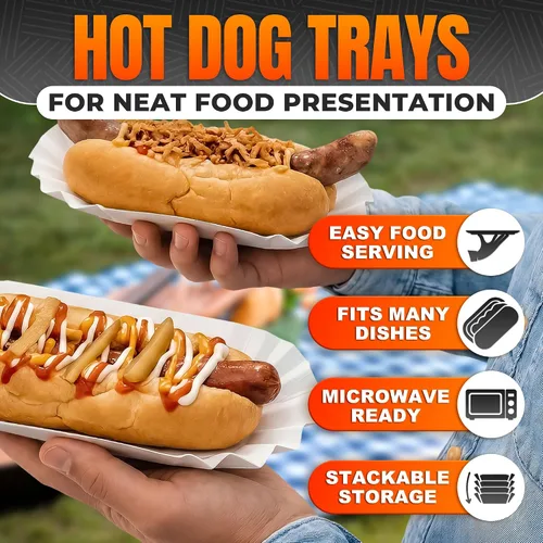Miniatura 4 de 50 bandejas desechables para perros calientes para fiestas y barbacoas, bandejas de papel duraderas para perros calientes desechables para servir