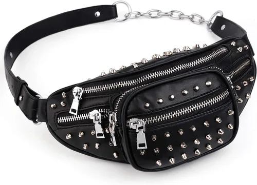 UTO Fanny-Pack-for-Women's - Riñonera vegana de cuero con remaches tachuelas, ligera, con cremallera, bolsillo al hombro, 0879 Negro