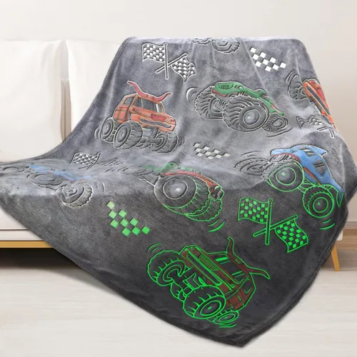 Manta para niños con camiones y autos, juguetes, regalos únicos, que brillan en la oscuridad, manta de tractor de dibujos animados, manta de felpa