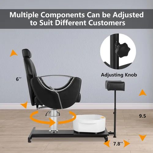 Miniatura 4 de Silla de pedicura giratoria de 360° con taburete y baño de pies de masaje, estación de pedicura hidráulica de altura ajustable sin plomería