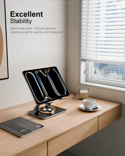 Miniatura 2 de Soporte para Tablet con Base Giratoria de 360° de Aluminio Ajustable de Doble Varilla para Todos los iPad de 5.8-12.9”, Samsung, Teléfono Tablet