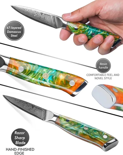 Miniatura 3 de Cuchillo de pelar de 3.5 pulgadas, cuchillo de cocina para frutas y verduras de acero de Damasco y mango de resina - Serie Xuan (Naranja Fantasía)