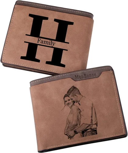 INBLUE Billetera plegable grabada personalizada, cartera de cuero personalizada con foto y texto grabado, regalos para hombres, marido, papá, hijo,
