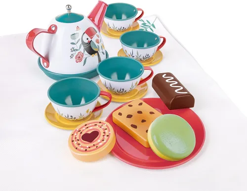 Miniatura 2 de Hape Juego de té para niñas y niños pequeños, juego de fiesta de té de lata de 18 piezas con funda de transporte de tucán, tetera de juguete