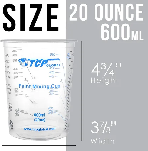 Miniatura 3 de TCP Global Vasos mezcladores de plástico graduados de 20 onzas (20.3 fl oz), caja de 25 con 25 varillas de mezcla, vasos medidores de plástico