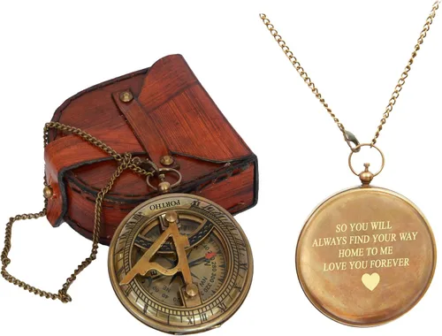 Brújula de reloj de sol grabado Love You Forever con funda de cuero, regalo inspirador para viajeros, aventureros, novios, bautizos, bodas o él |