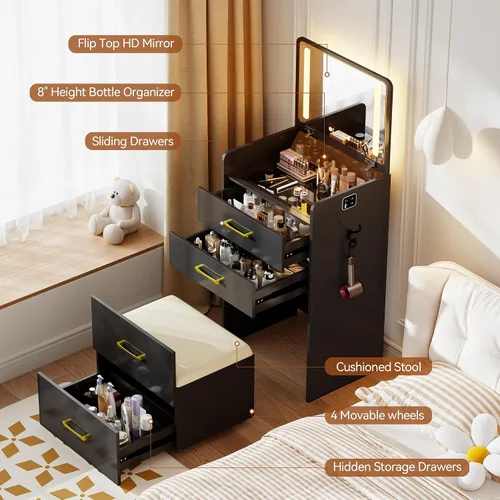 Miniatura 8 de Escritorio de tocador 3 en 1 con espejo abatible y luces, mesa de tocador de maquillaje con parte superior de vidrio con estación de carga, tocador
