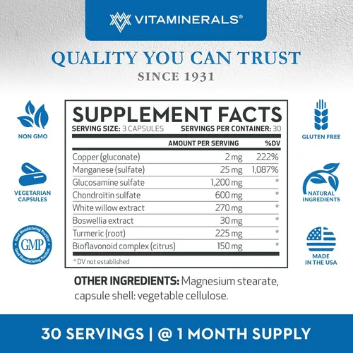 Miniatura 2 de Vitaminerals® 128 Glucosamina Joint Support Complejo de glucosamina-condroitina Cápsulas vegetales (180 unidades)
