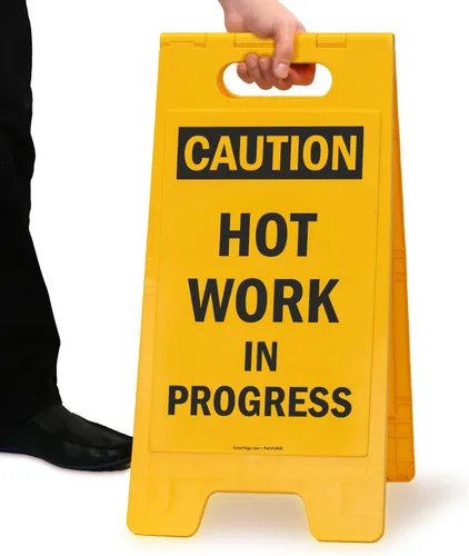 Miniatura 6 de SmartSign Letrero plegable de plástico con texto en inglés "Caution - Hot Work In Progress" de 25 x 12 pulgadas, color negro y amarillo Hot Work in