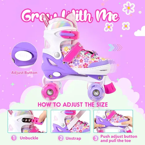 Miniatura 2 de SULIFEEL Rainbow Unicorn - Patines ajustables de 4 tamaños para niñas y niños de 3-5, 5-8, 6-12 años, patines para interiores y exteriores H Floral