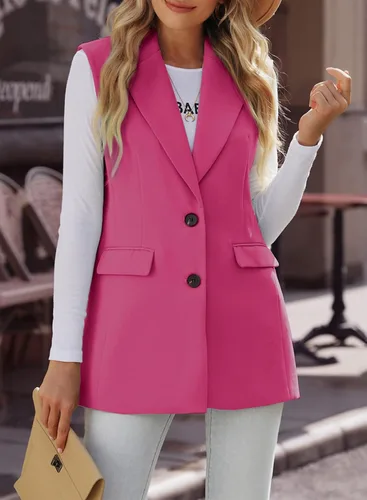 Miniatura 5 de Happy Sailed Chaleco largo para mujer, con dos botones, sin mangas, para oficina, con bolsillos