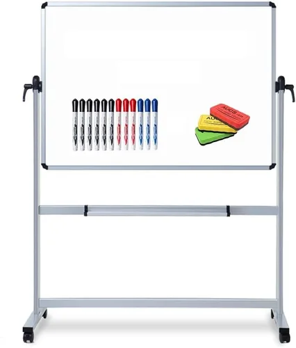 VIZ-PRO Pizarra blanca magnética de doble cara, 71.7 x 39.8 in, marco y soporte de aluminio, con 3 gomas de borrar de colores y 12 marcadores