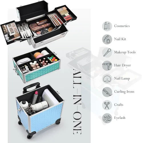 Miniatura 3 de estuche profesional 3 en 1 para maquillaje rodante, estuche de aluminio con ruedas de rotación 360° para artista de maquillaje, maletín organizador