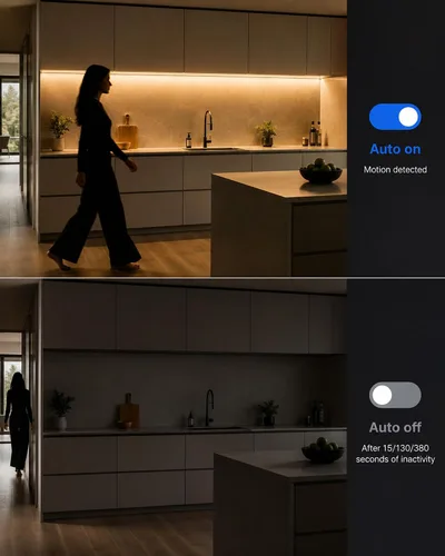 Miniatura 5 de LUXJET - Luz recargable con sensor de movimiento para armario, tira LED flexible de 1 m con 30 luces LED, sensor PIR y de luz, luz nocturna blanca