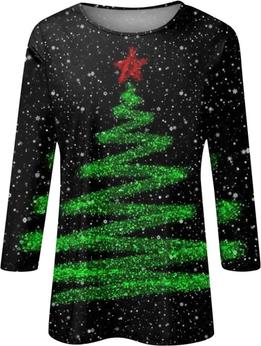 Miniatura 5 de Funny Christmas Shirts, Women's Fashion T-Shirt Round Neck Casual 34 Sleeve Tops Daily Casual Christmas Print Top