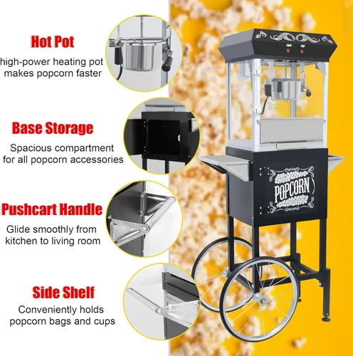 Miniatura 4 de Máquina de palomitas de maíz con carrito y ruedas – Máquina de palomitas de maíz con hervidor de acero inoxidable de 10 onzas, máquina para hacer