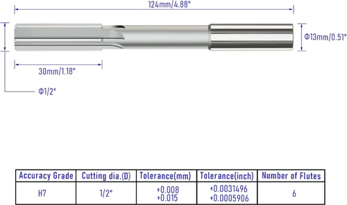 Miniatura 2 de Escariador de mandril de 1/2 pulgada, H7 HSS cobalto M35 máquina de torno escariador métrico, 6 flautas rectas, herramienta de corte de fresado