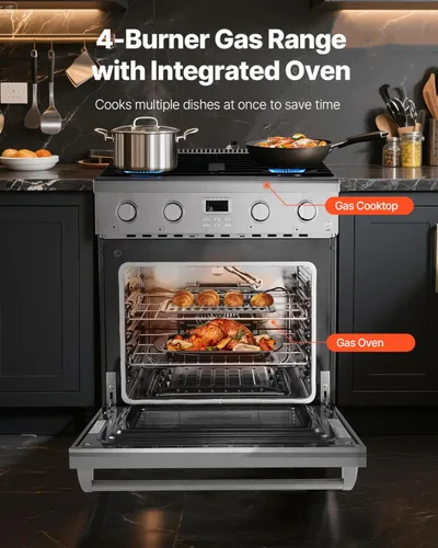 Miniatura 2 de VEVOR Horno de Cocina a Gas, 30 Pulgadas de Ancho, Estufa y Horno Independiente de Acero Inoxidable con 4 Quemadores Sellados en la Superficie