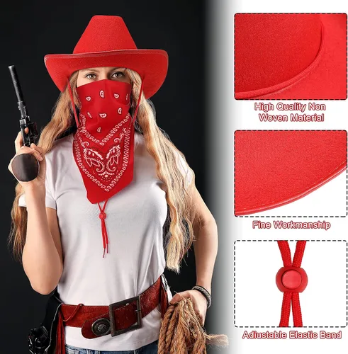 Miniatura 6 de 9 piezas de sombrero de vaquero para adultos con bandana de vaquero y lentes para disfraz occidental, accesorio de vestir para hombres y mujeres