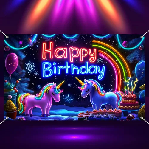 Miniatura 8 de HOMETITUTE Cartel de feliz cumpleaños de 71 x 43 pulgadas con luz negra fluorescente para decoración de fondo de fiesta, controlador de juego azul
